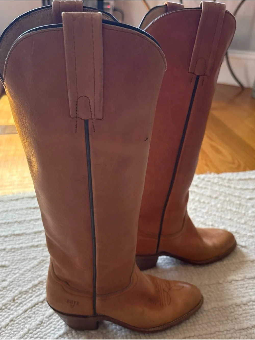 Frye Leather Western Cowboy Boots Tan Cognac Pointed Toe Tall Shaft Stacked Heel